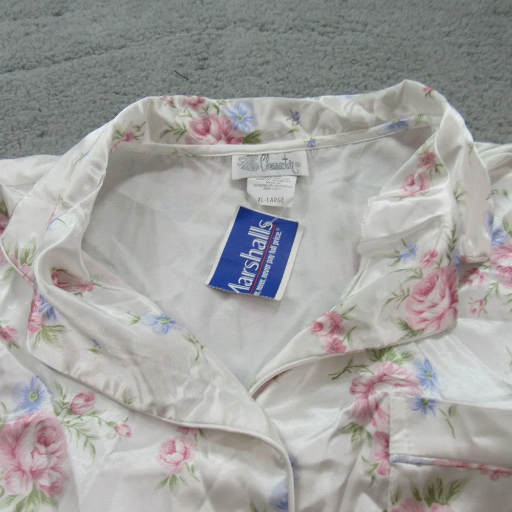 Character Womens XL Pajama Top Shirt White‎ Pink Blue Floral Satin Button Down